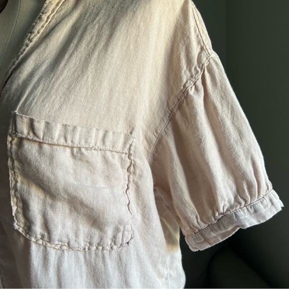 Zara Sz S Tan 100% Linen Button Up Shirt Cropped Short Sleeve Boxy Collared Top - Picture 9 of 17